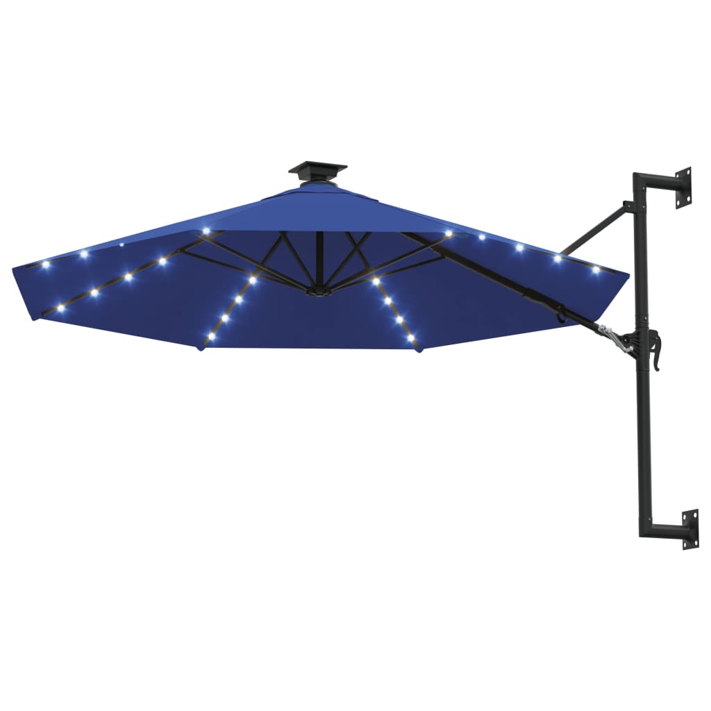 Umbrelă de soare montată pe perete cu LED-uri, albastru, 300 cm