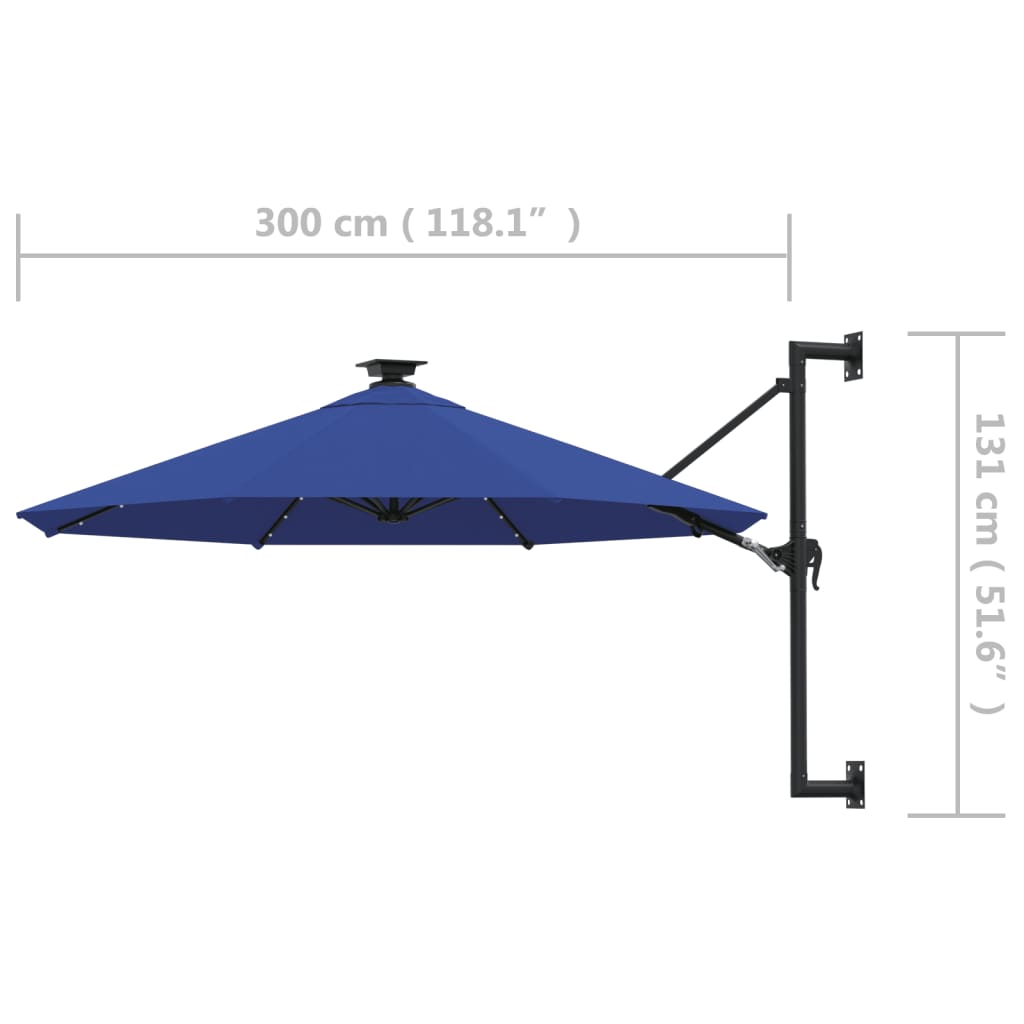 Umbrelă de soare montată pe perete cu LED-uri, albastru, 300 cm