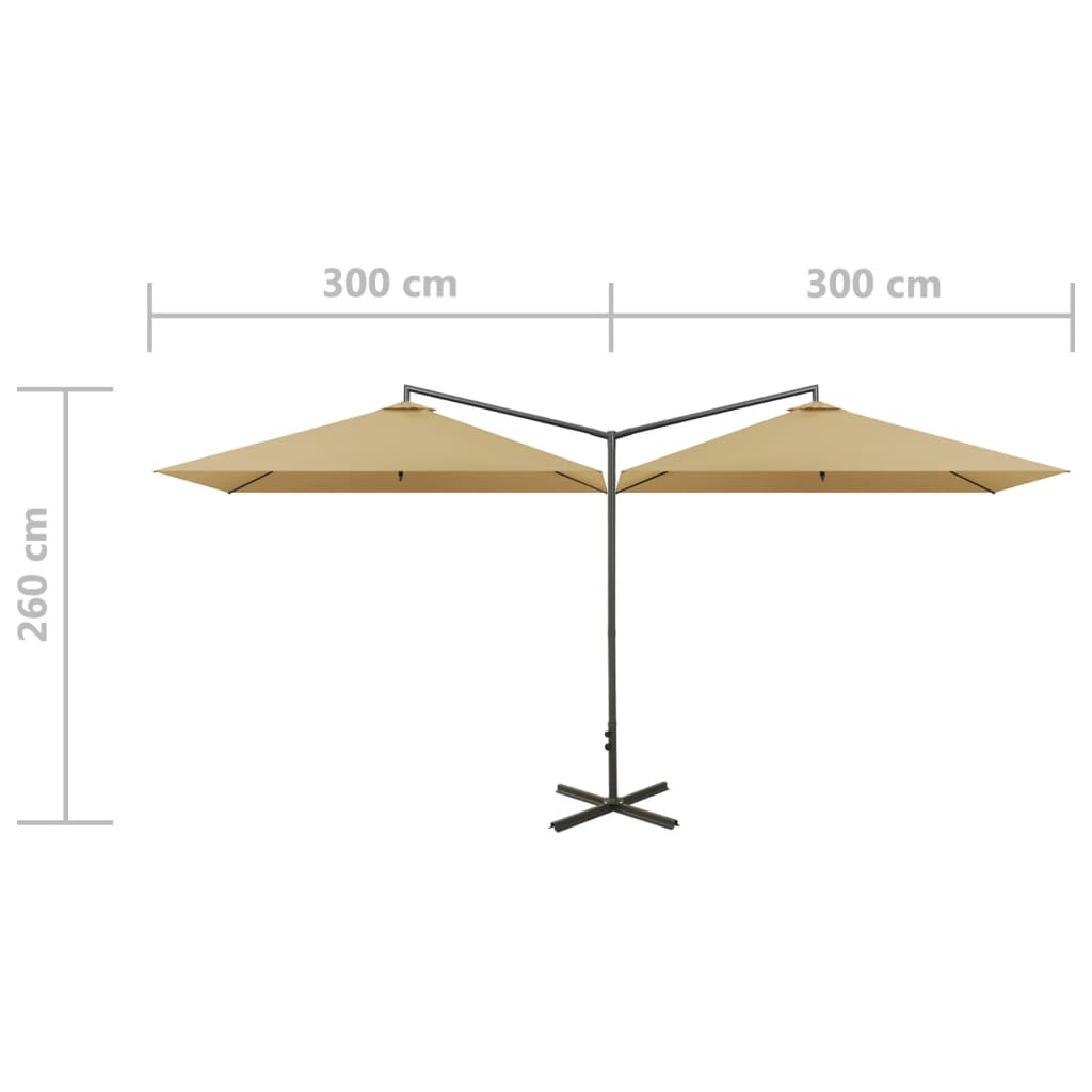 Umbrelă de soare dublă cu stâlp din oțel, taupe, 600x300 cm