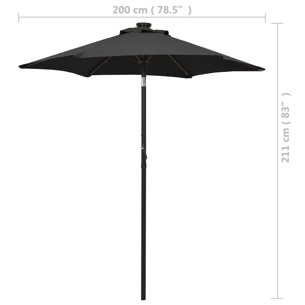 Umbrelă de soare cu lumini LED, negru, 200x211 cm, aluminiu