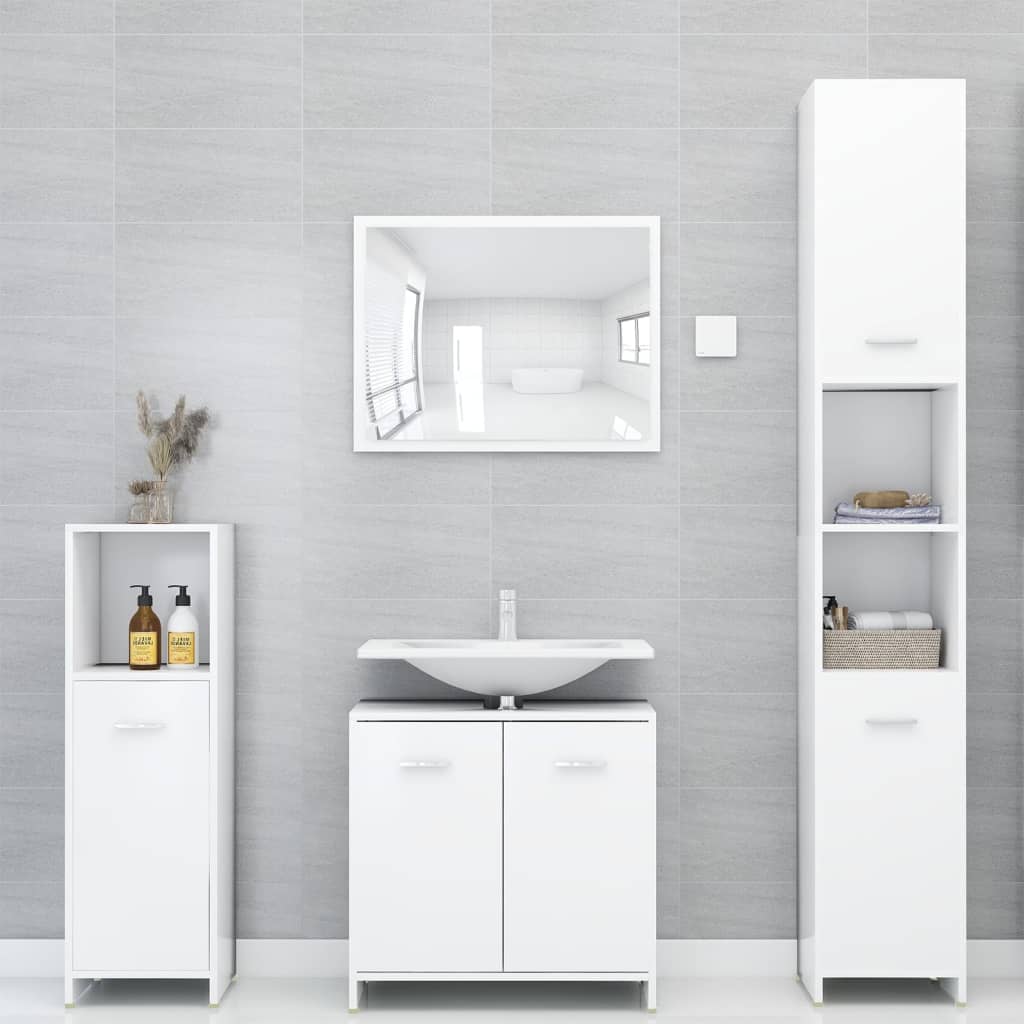 Set mobilier de baie, 4 piese, alb, lemn prelucrat