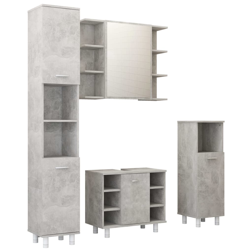 Set mobilier baie, 4 piece, gri beton, lemn prelucrat