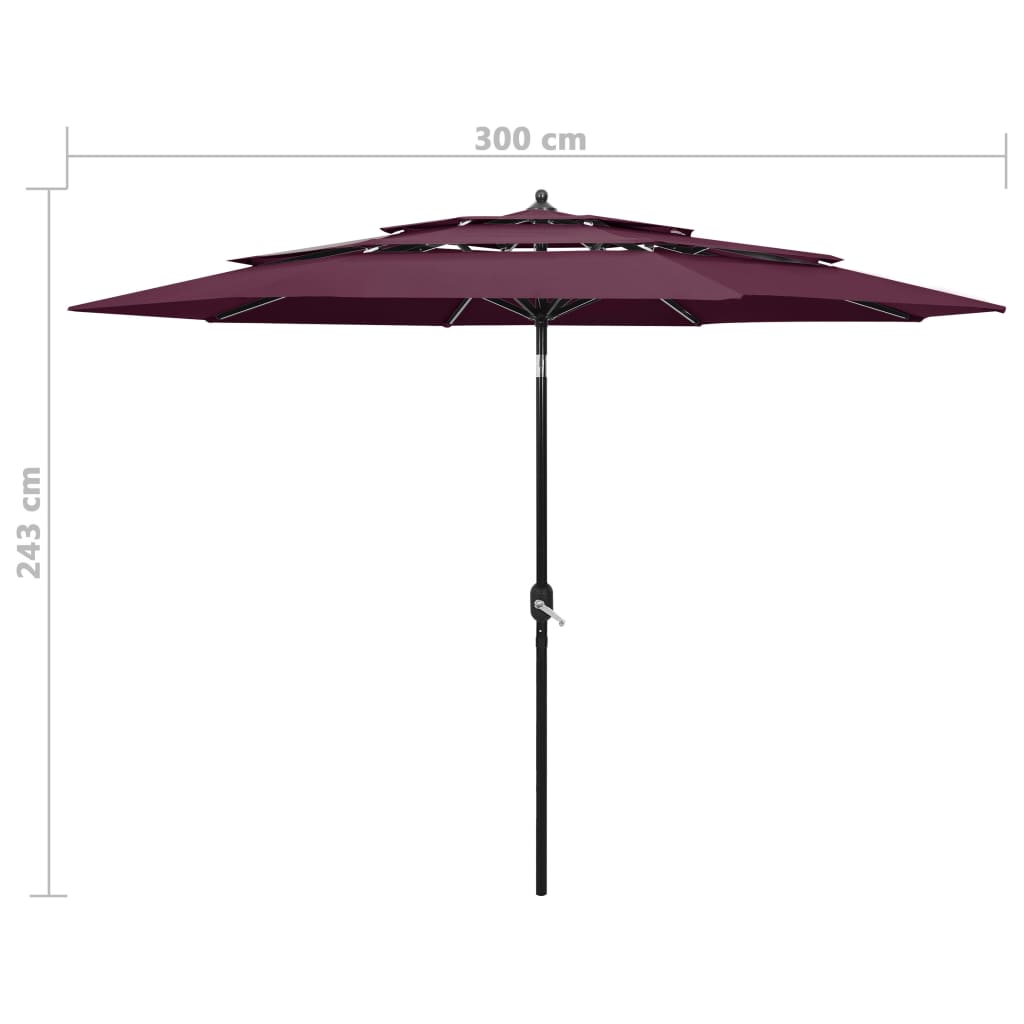 Umbrelă de grădină 3 niveluri, stâlp aluminiu, roșu bordo, 3 m