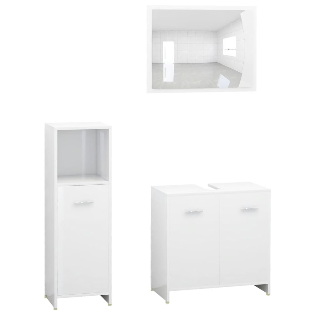 Set mobilier de baie, 3 piese, alb extralucios, lemn prelucrat