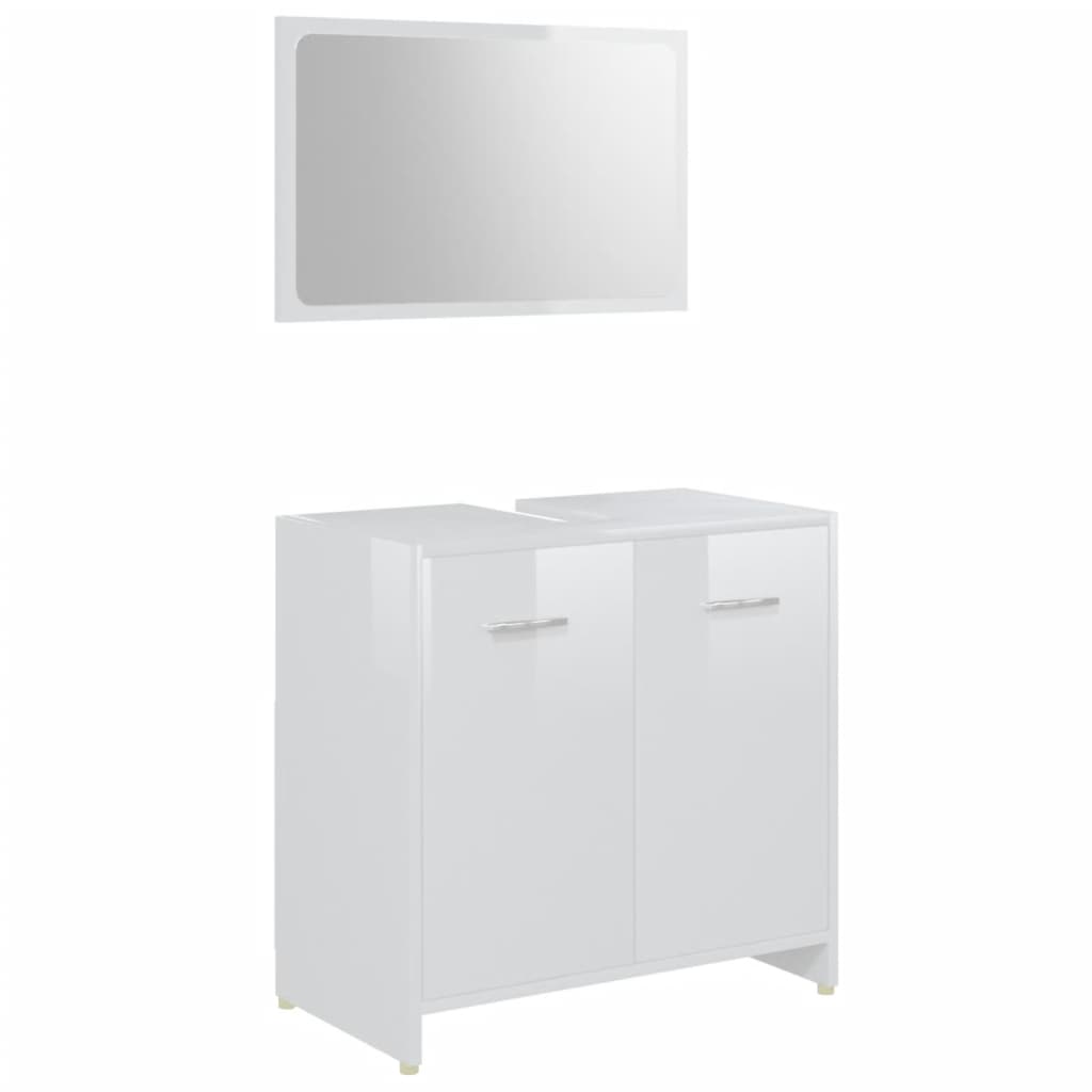 Set mobilier de baie, 3 piese, alb extralucios, lemn prelucrat