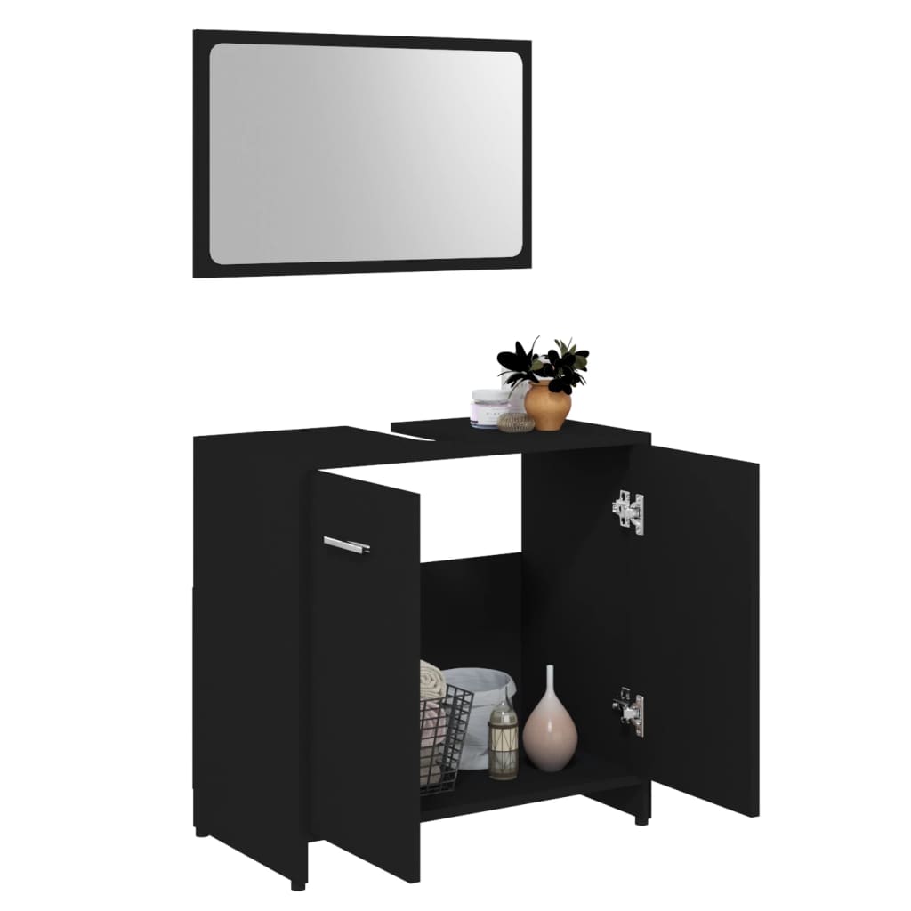 Set mobilier de baie, 3 piese, negru, lemn prelucrat