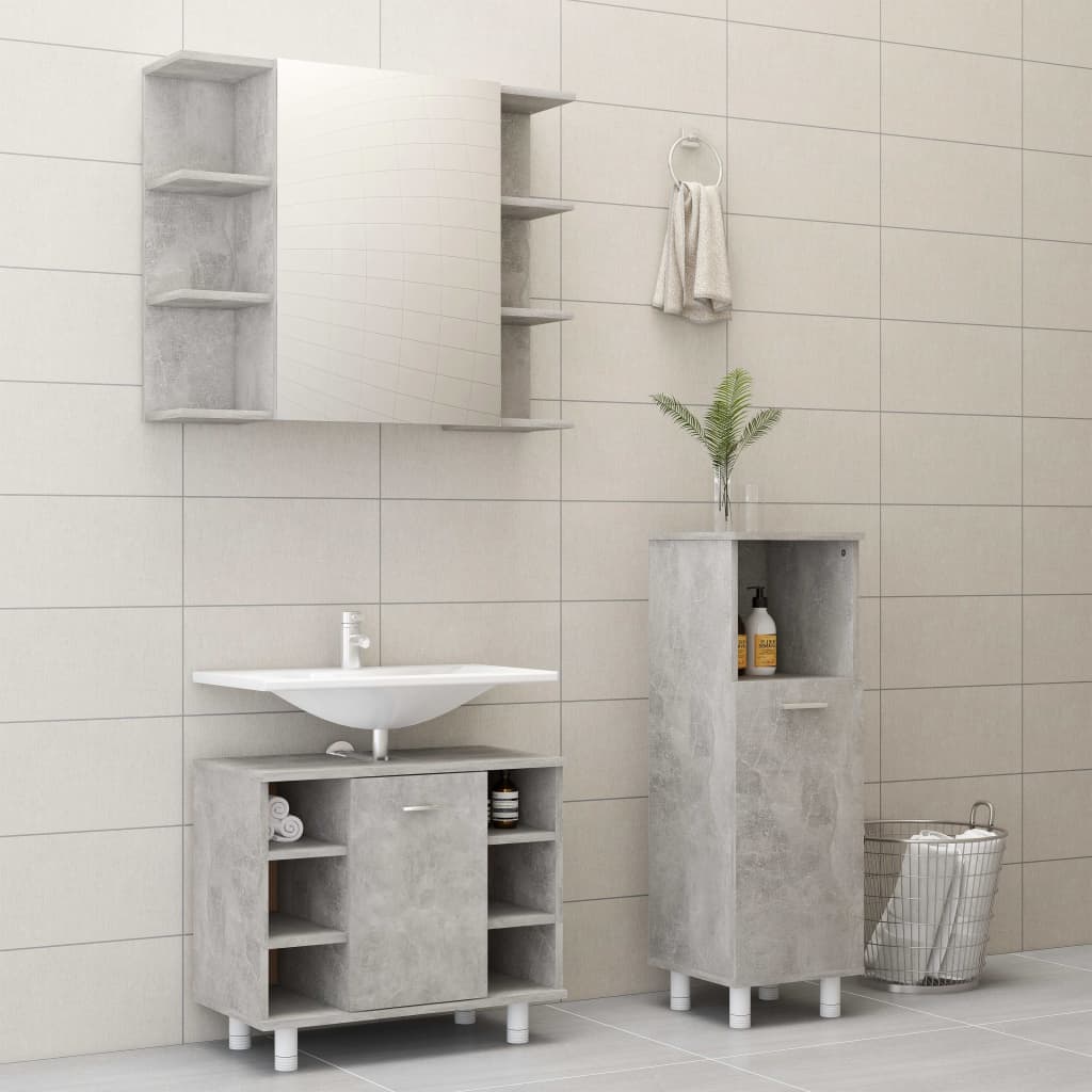 Set mobilier baie, 3 piece, gri beton, lemn prelucrat