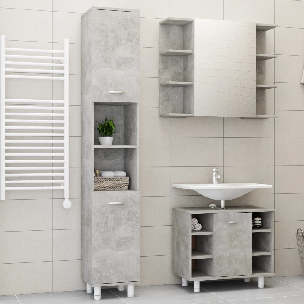 Set mobilier baie, 3 piece, gri beton, lemn prelucrat