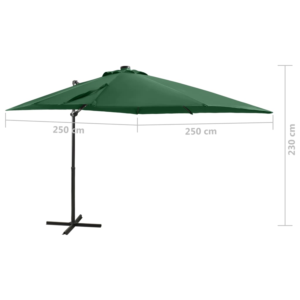 Umbrelă în consolă cu stâlp și LED-uri, verde, 250 cm