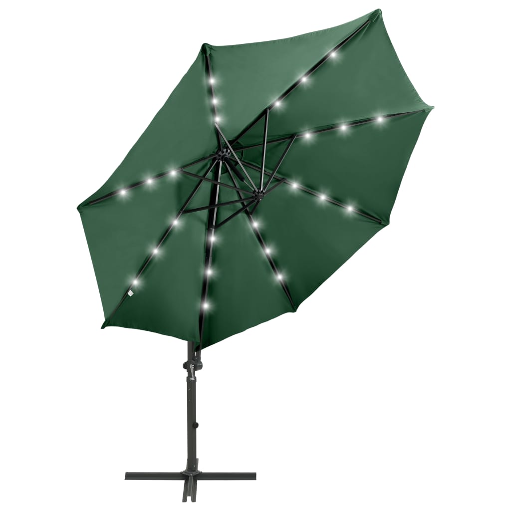 Umbrelă în consolă cu stâlp și LED-uri, verde, 300 cm