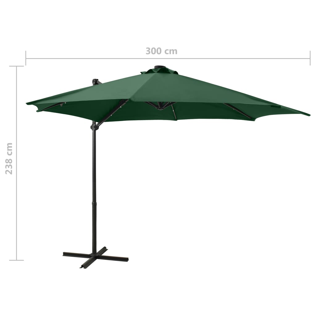 Umbrelă în consolă cu stâlp și LED-uri, verde, 300 cm