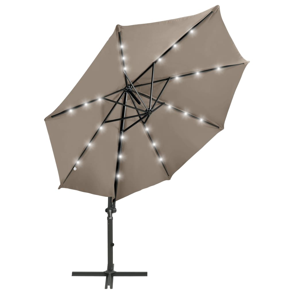 Umbrelă în consolă cu stâlp și LED-uri, taupe, 300 cm