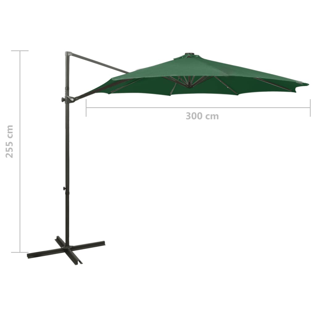 Umbrelă în consolă cu stâlp și LED-uri, verde, 300 cm