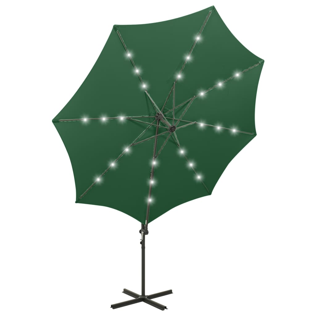 Umbrelă în consolă cu stâlp și LED-uri, verde, 300 cm