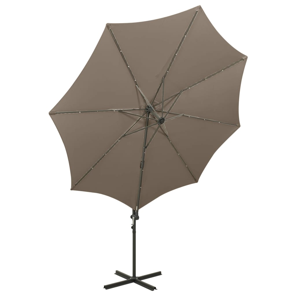 Umbrelă în consolă cu stâlp și LED-uri, taupe, 300 cm