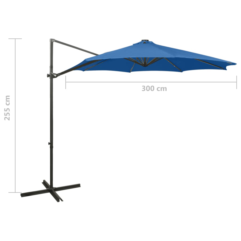 Umbrelă în consolă cu stâlp și LED-uri, albastru azur, 300 cm