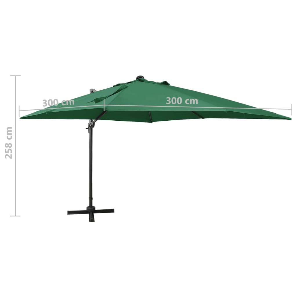 Umbrelă în consolă cu stâlp și LED-uri, verde, 300 cm