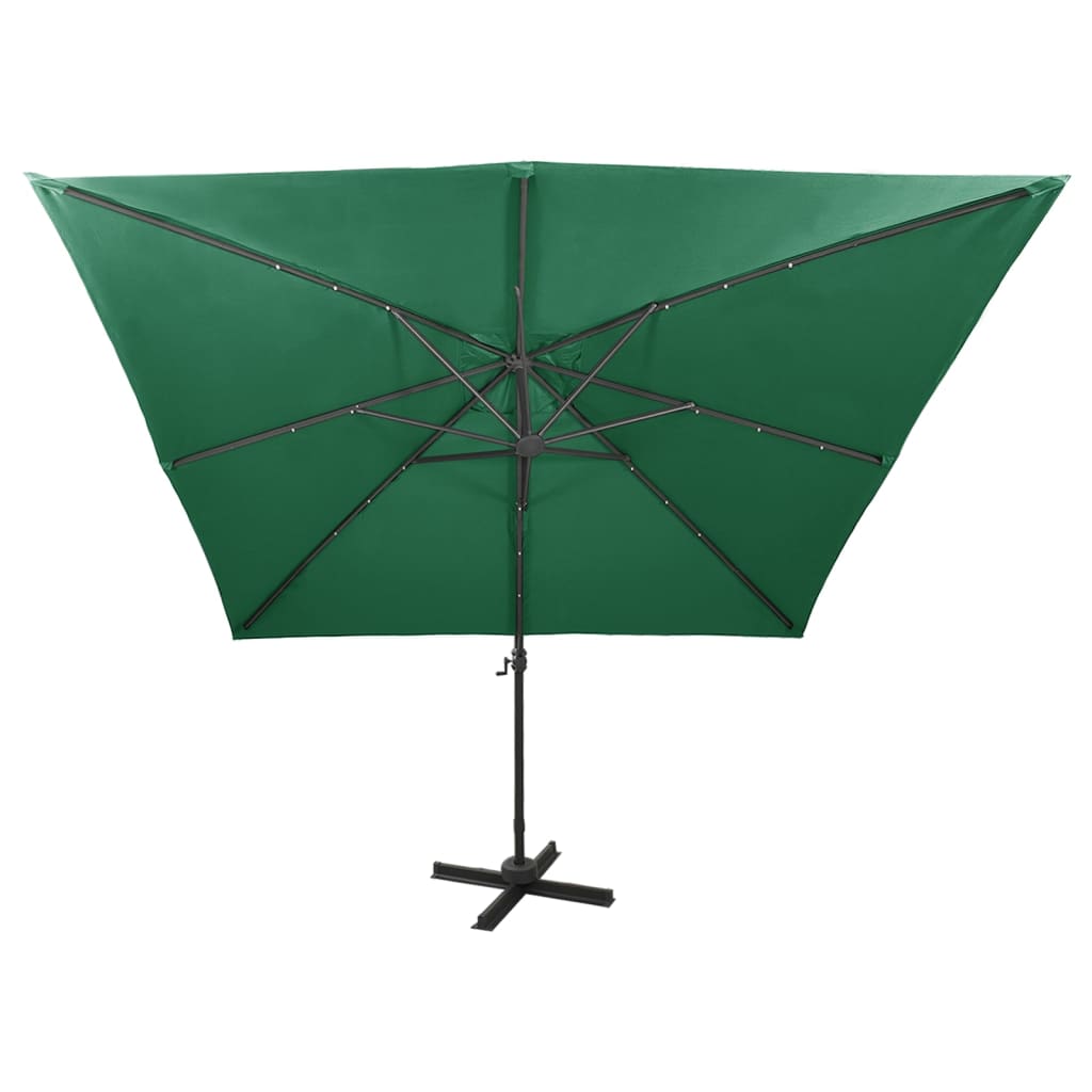 Umbrelă în consolă cu stâlp și LED-uri, verde, 300 cm