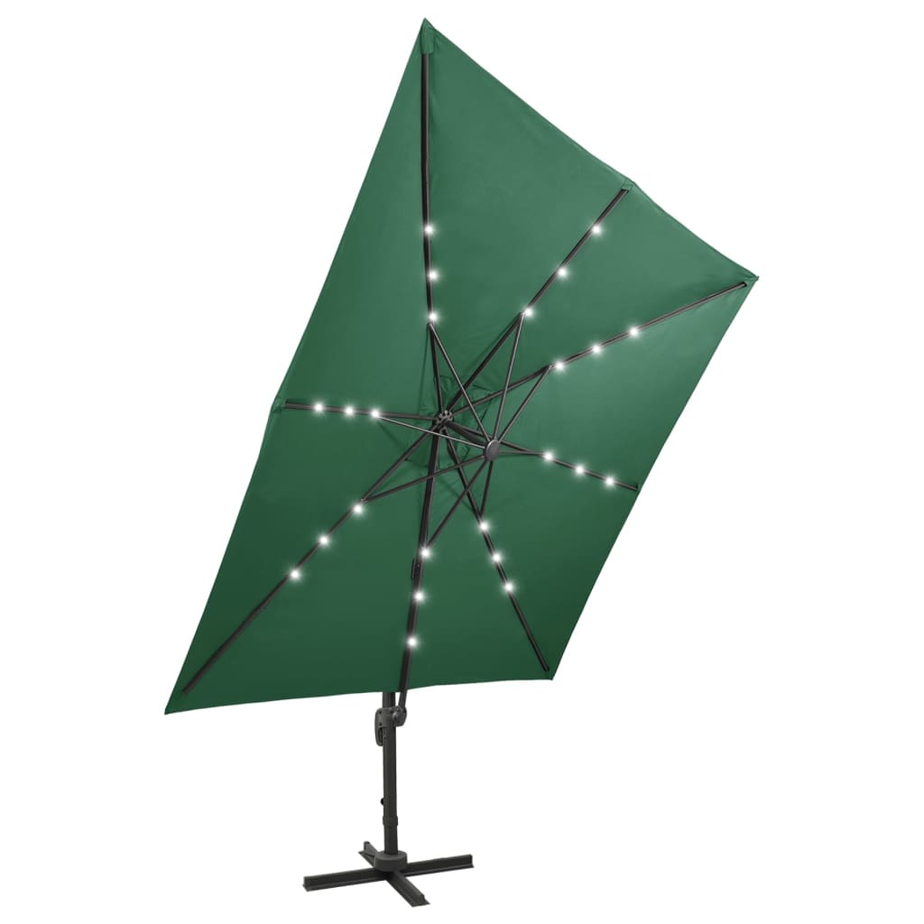 Umbrelă în consolă cu stâlp și LED-uri, verde, 300 cm