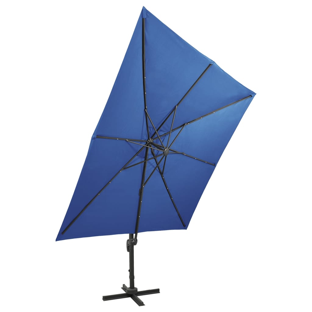 Umbrelă în consolă cu stâlp și LED-uri, albastru azur, 300 cm