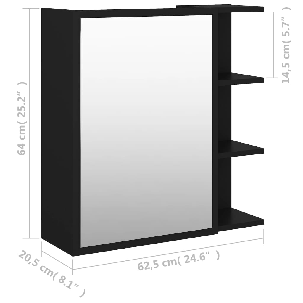 Dulap de baie cu oglindă, negru, 62,5x20,5x64cm, lemn prelucrat