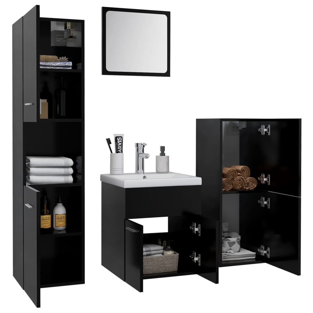 Set mobilier de baie, negru, lemn prelucrat