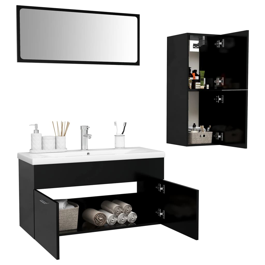 Set mobilier de baie, negru, lemn prelucrat