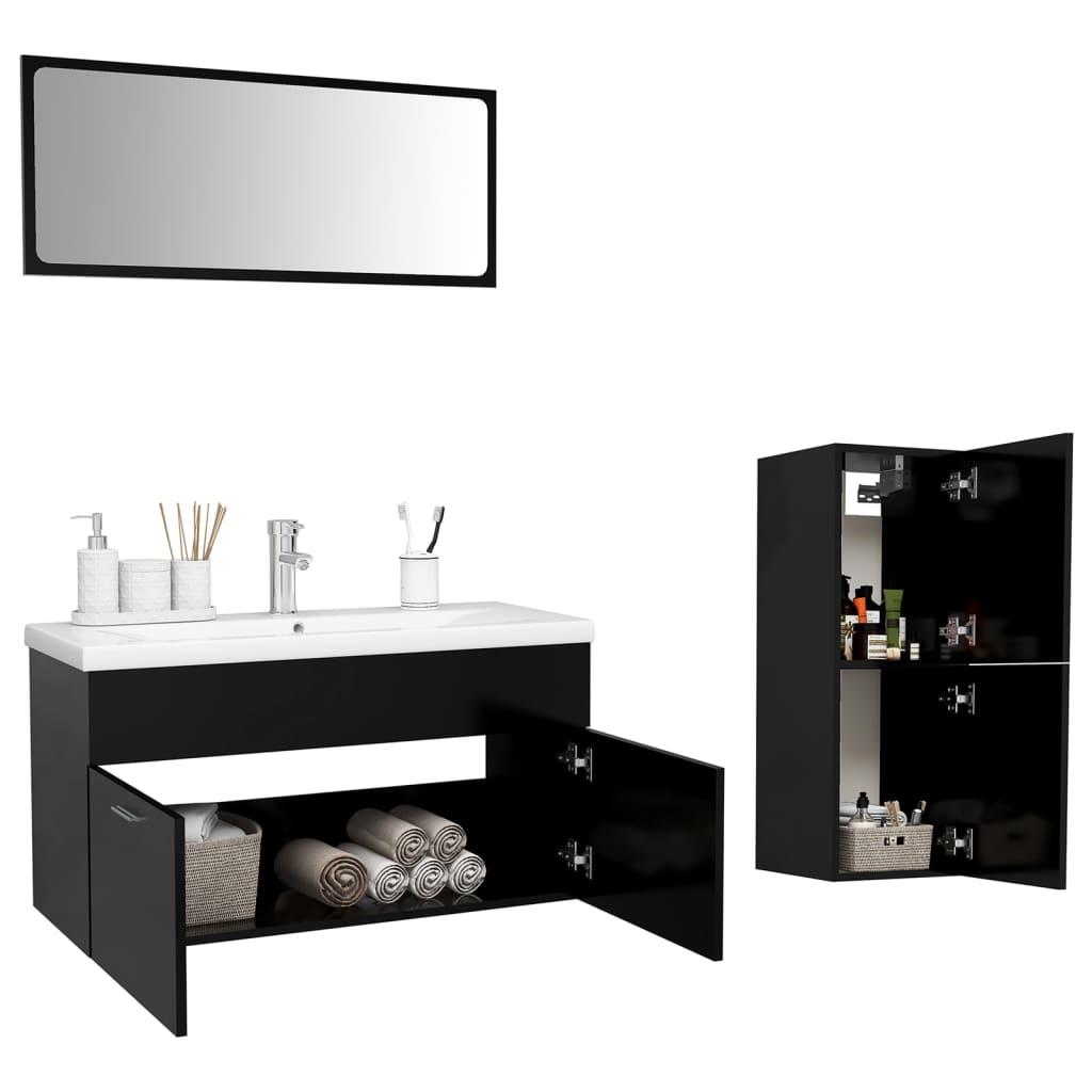 Set mobilier de baie, negru, lemn prelucrat