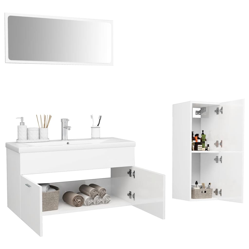 Set mobilier de baie, alb extralucios, PAL