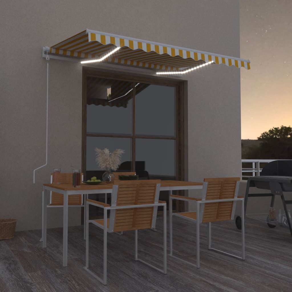 Copertină automată cu senzor vânt & LED, galben/alb, 350x250 cm