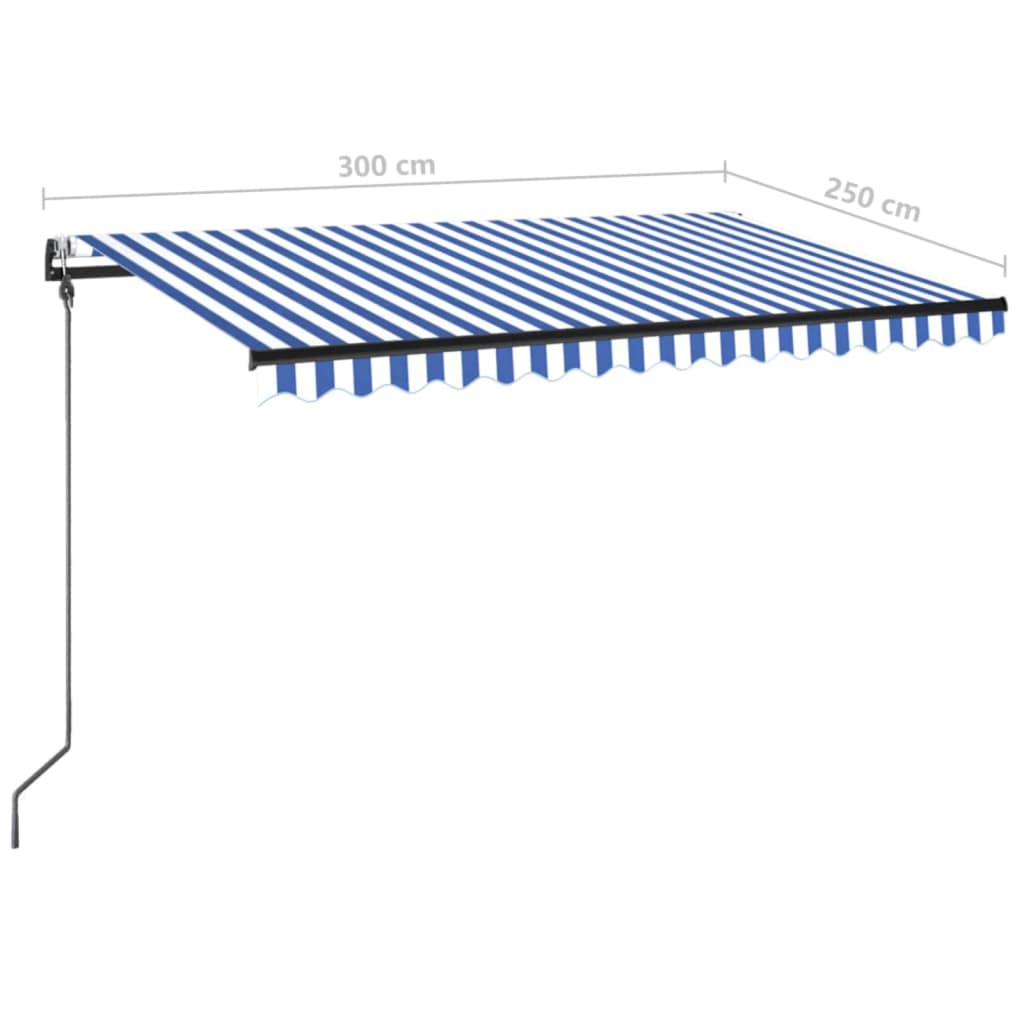 Copertină cu senzor vânt & LED, albastru și alb, 300x250 cm