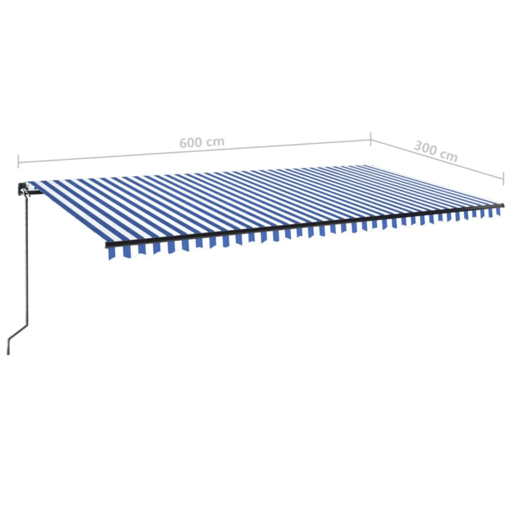 Copertină retractabilă manual cu LED albastru și alb 600x300 cm