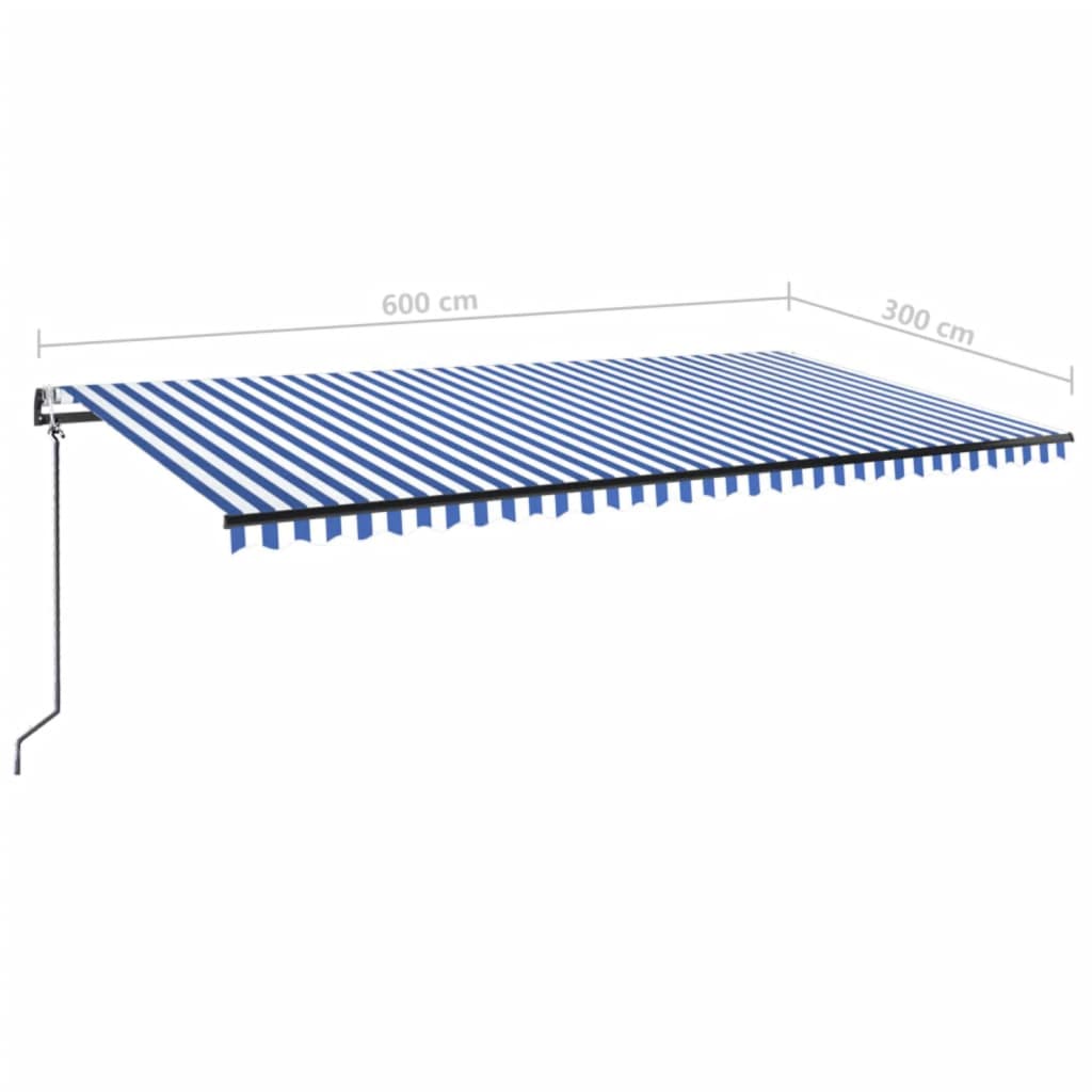 Copertină automată cu senzor vânt&LED, albastru/alb, 600x300 cm