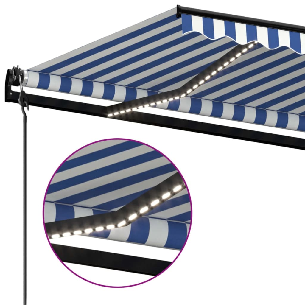 Copertină automată cu LED&senzor vânt, albastru/alb, 450x350 cm