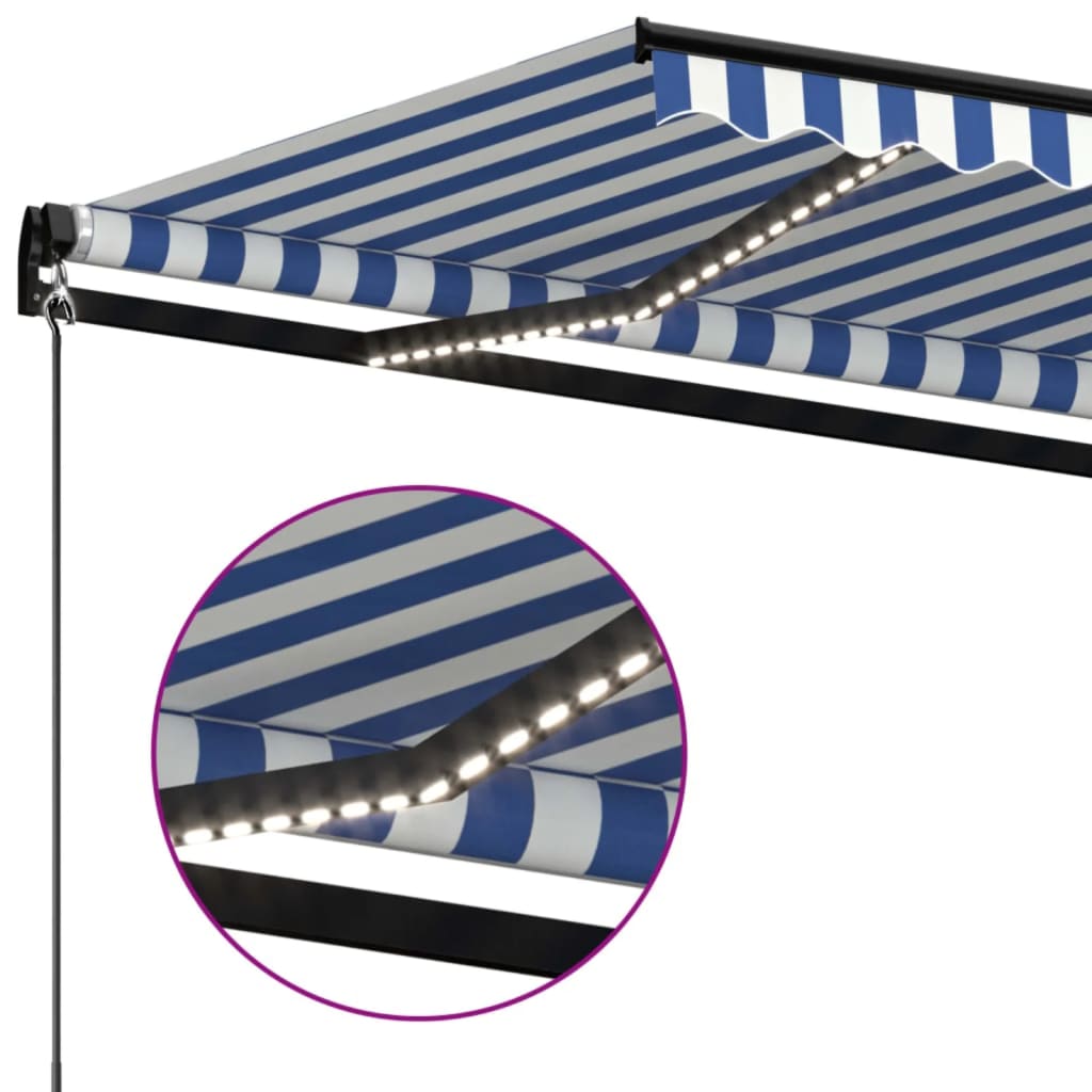 Copertină retractabilă manual cu LED, albastru/alb, 500x350 cm