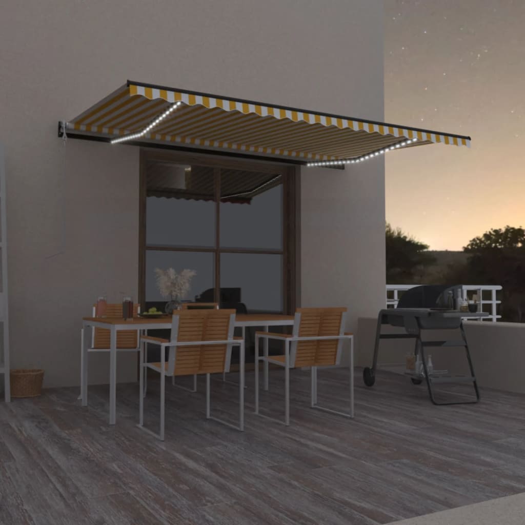 Copertină automată cu LED&senzor vânt, galben/alb, 500x350 cm