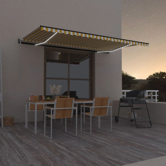 Copertină automată cu LED&senzor vânt, galben/alb, 500x350 cm