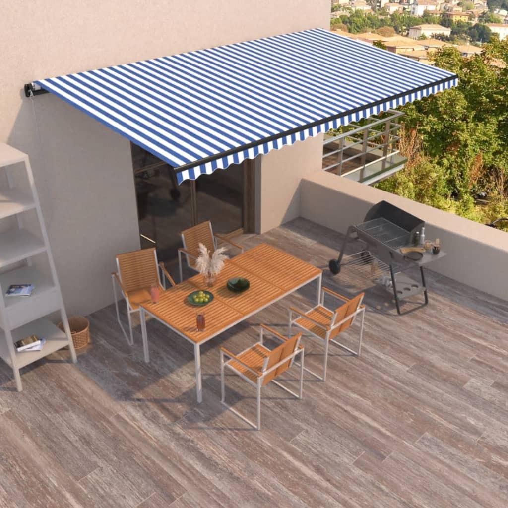 Copertină retractabilă manual, albastru și alb, 600x350 cm