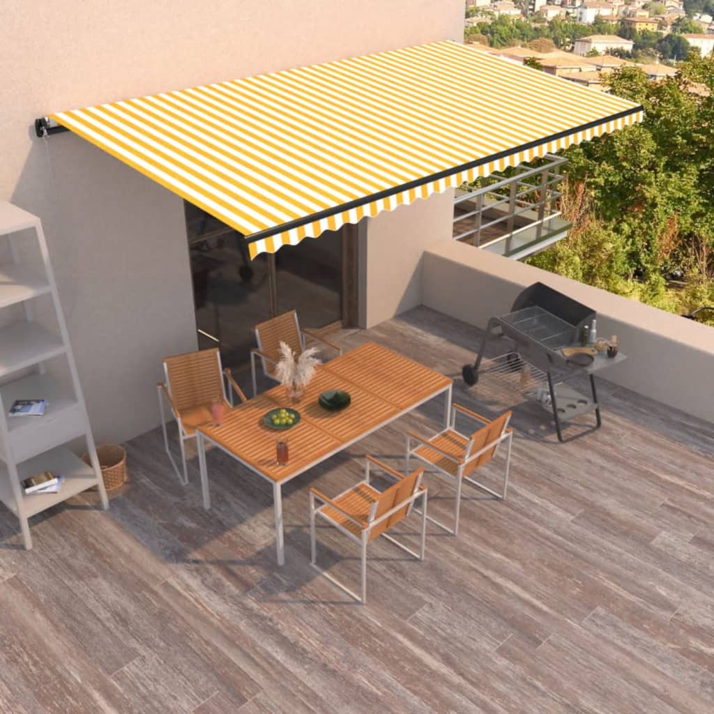 Copertină retractabilă manual, galben și alb, 600x350 cm