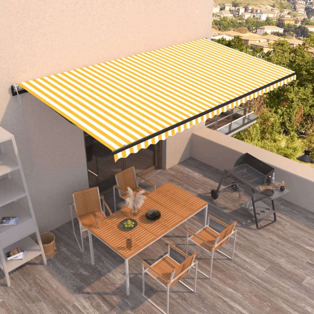 Copertină retractabilă automat, galben și alb, 600x350 cm