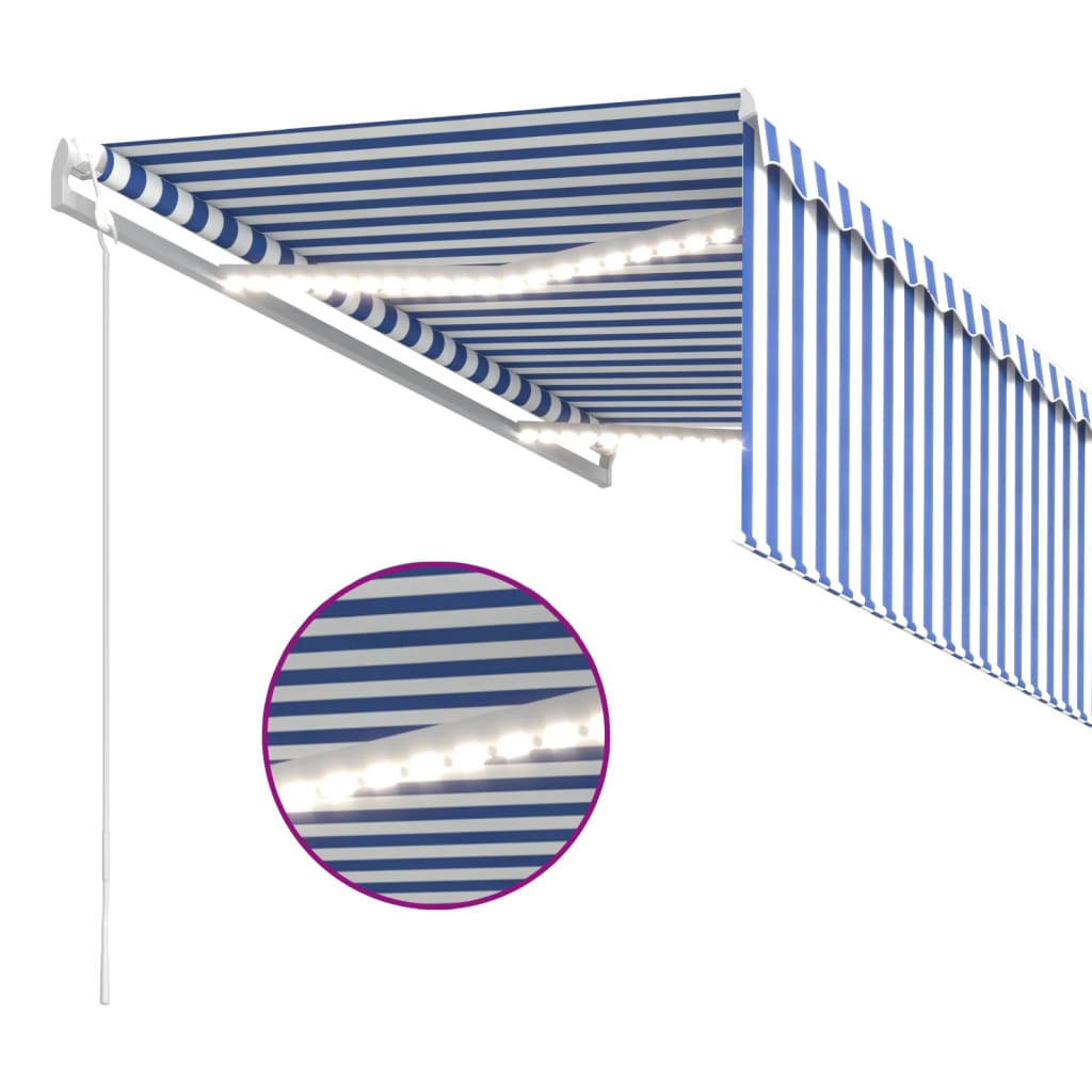 Copertină automată stor, LED senzor vânt albastru&alb 3,5x2,5 m