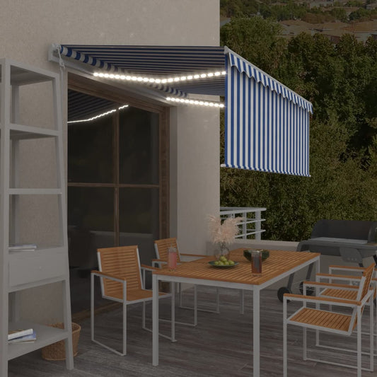 Copertină automată stor, LED senzor vânt albastru&alb 3,5x2,5 m