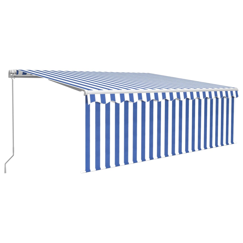 Copertină retractabilă manual cu stor&LED, albastru&alb, 4x3 m