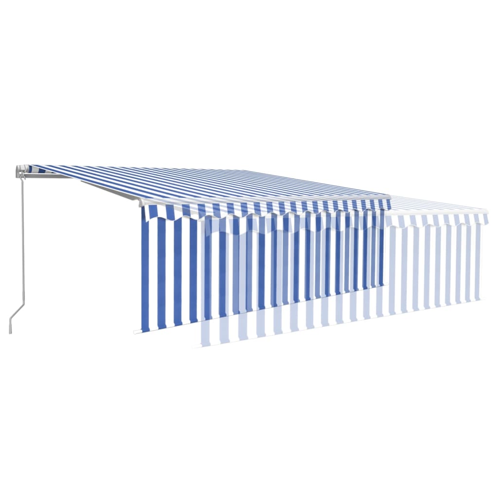 Copertină retractabilă manual cu stor&LED, albastru&alb, 4x3 m