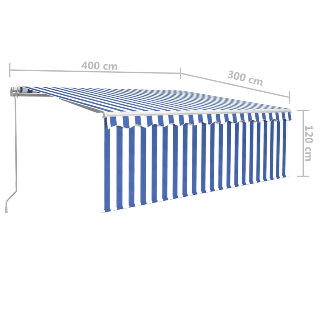 Copertină retractabilă manual cu stor&LED, albastru&alb, 4x3 m