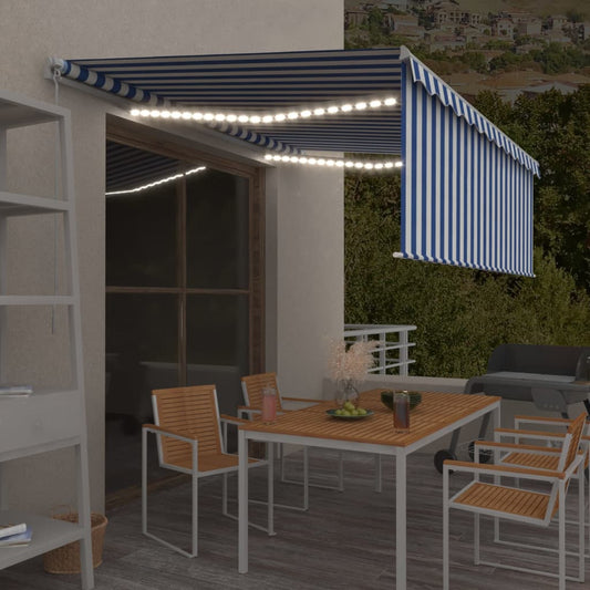 Copertină retractabilă manual cu stor&LED, albastru&alb, 4x3 m