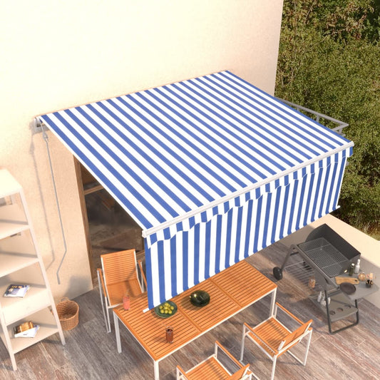 Copertină retractabilă automat cu stor, albastru & alb, 4x3 m