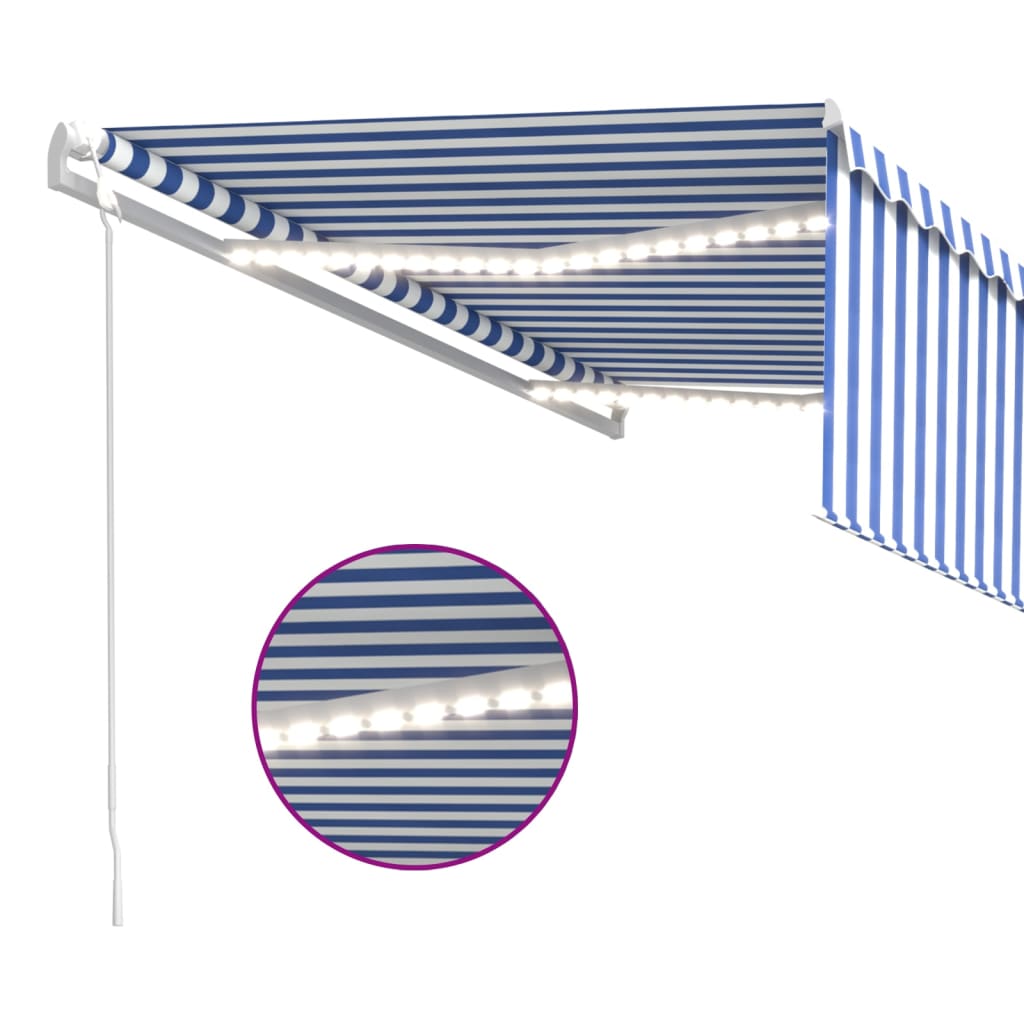 Copertină automată cu stor&senzor vânt&LED, albastru&alb, 4x3 m