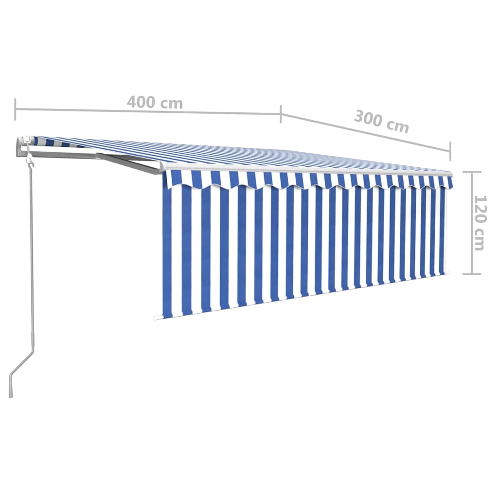Copertină automată cu stor&senzor vânt&LED, albastru&alb, 4x3 m