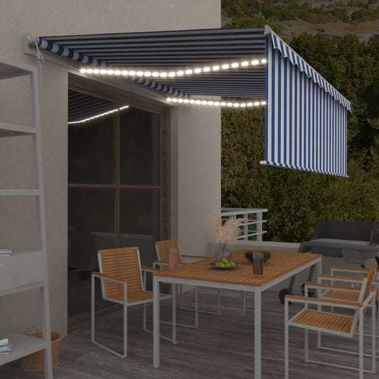 Copertină automată cu stor&senzor vânt&LED, albastru&alb, 4x3 m